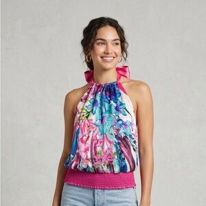 VTG Y2K Cache Silk Floral Halter Smocked Open Back Ribbon Tie Blouse Women’s XS